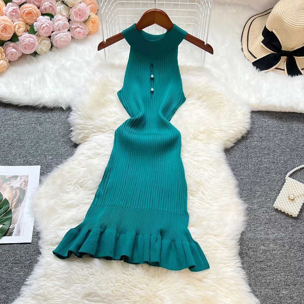 Wrap YuooMuoo Hips Chic Fashion Sexy Ruffled Knitted Mini Dress 2025 New Summer Y2K Halter Bodycon Party Dress Women Streetwear H260707