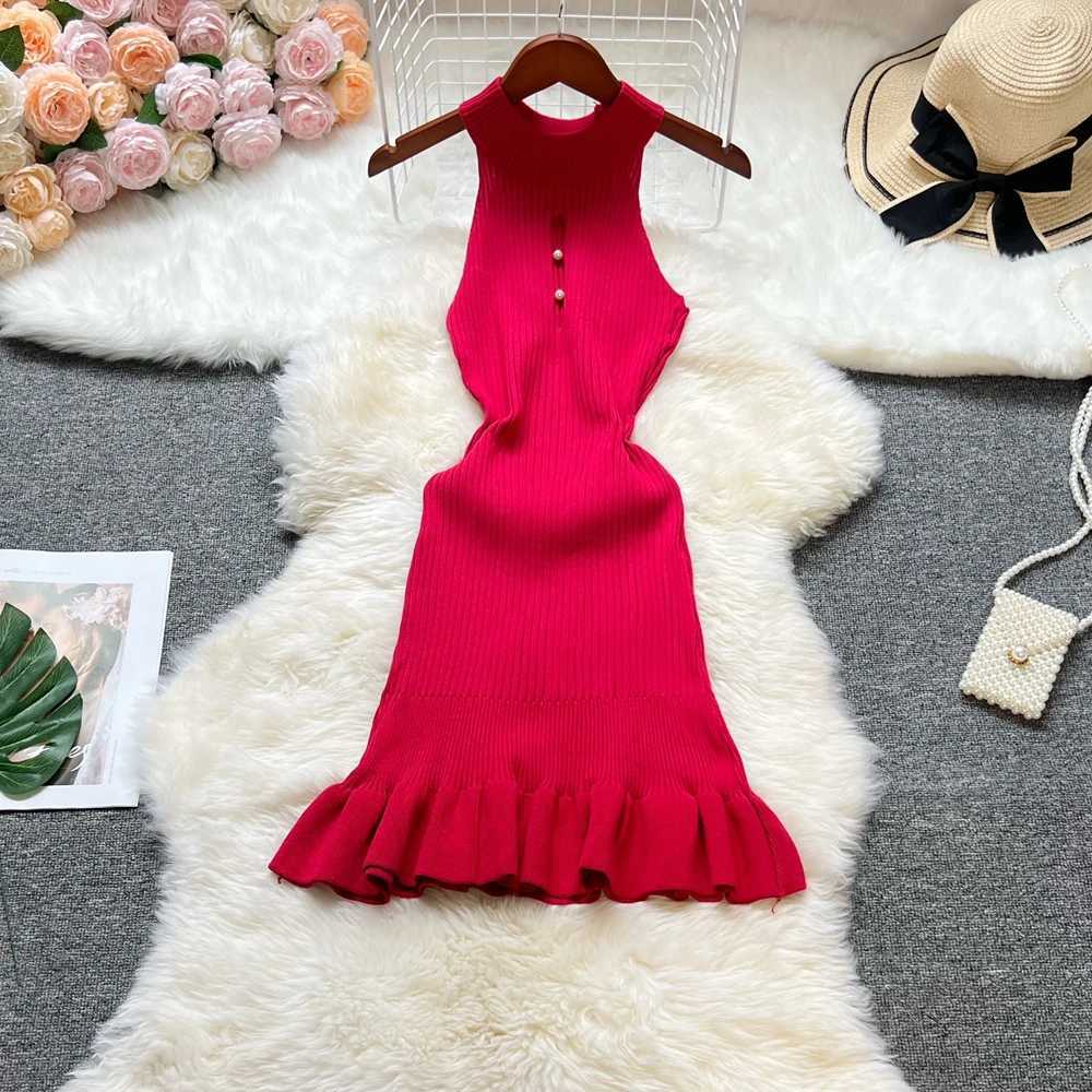 Wrap YuooMuoo Hips Chic Fashion Sexy Ruffled Knitted Mini Dress 2025 New Summer Y2K Halter Bodycon Party Dress Women Streetwear H260707