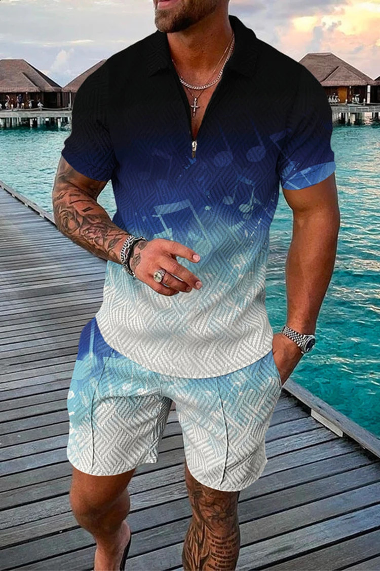 Summer Mens Tracksuit Short Sleeve Polo Shirt Set Fashion Chain Print Clothing 2 Pieces Casual Suit Streetwear Outfit 260707