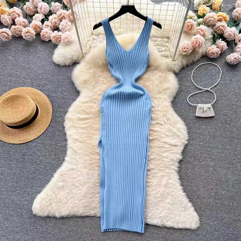2026 Summer YuooMuoo New Women Dress Fashion Sexy Split Ribbed Knitted Bodycon Suspender Dress Streetwear Lady Sundress Vestido H260707