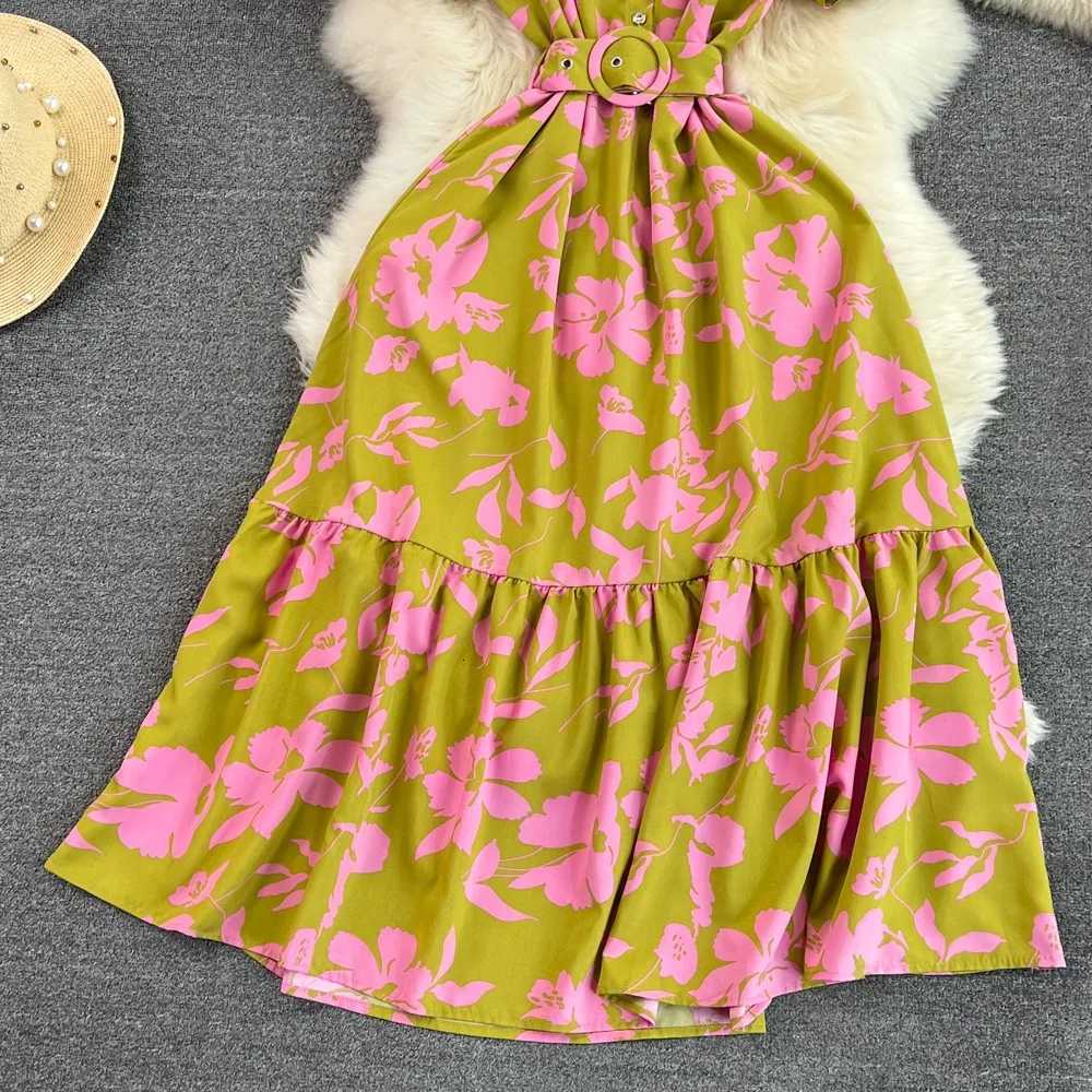 Summer Dress 2026 New YuooMuoo Women Vintage Floral Print Long Shirt Dress Elegant A-line Belted Lady Party Robe Femme H260707
