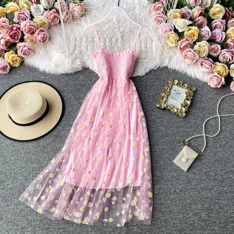 Women daisy Print Dresses Summer Sexy Lace Mesh Dress Spaghetti Strap Woman Party Night Korean Kawaii Vestidos Floral 260707