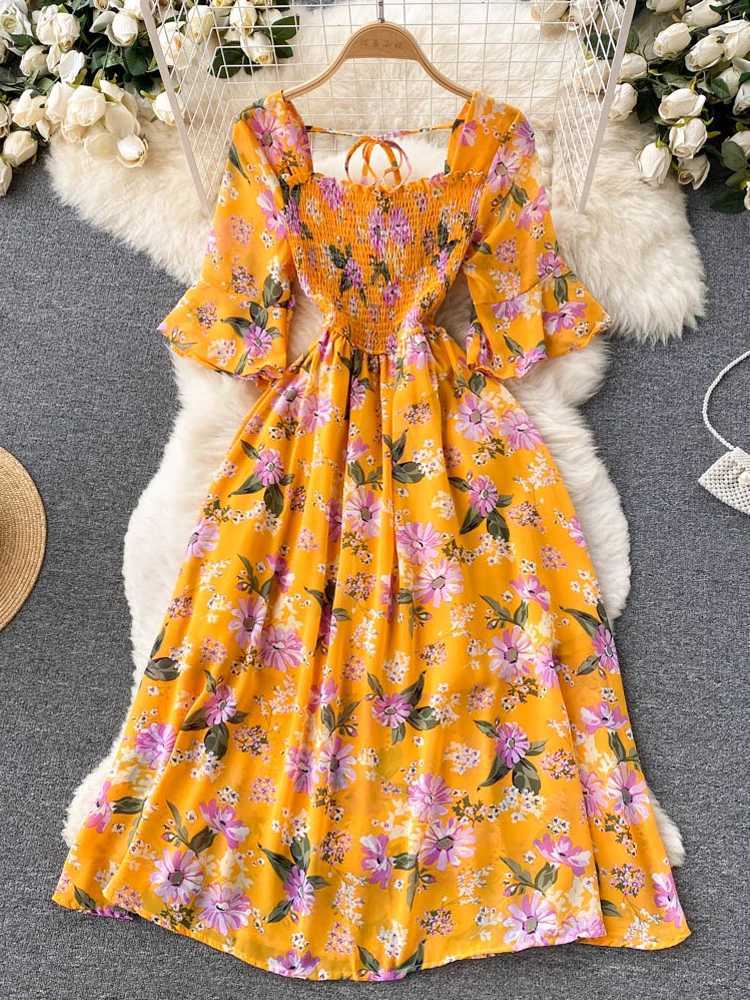 Women YuooMuoo Limited Big Dress Sales Fashion Romantic Floral Print Chiffon Summer Dress Vacation Season Party Korean Vestidos H260707