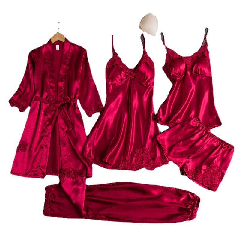 Designer Women's summer silk pajamas, sexy hot, for adults, spring and autumn, long-sleeved, thin, women's robe five-piece set, multi-color, - view 6