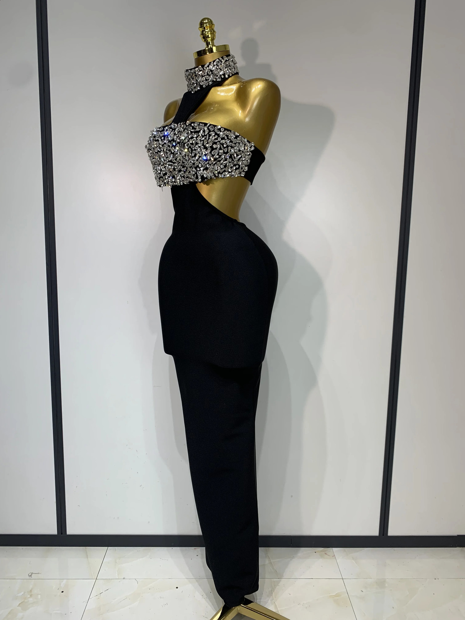 Women Sexy Backless Sparkly Crystal Diamonds Black Bodycon Bandage Dress Celebrity Elegant Evening Club Party Birthday Dresses 260707BJ - view 3