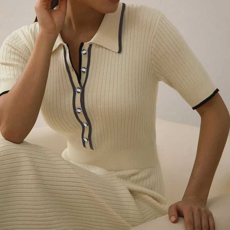 Sweater YuooMuoo Dress Brand Fashion Knit Women Spring Summer Ribbed Contrast Short Sleeve Lapel Gown Dress Ladies Long Dresses H260707