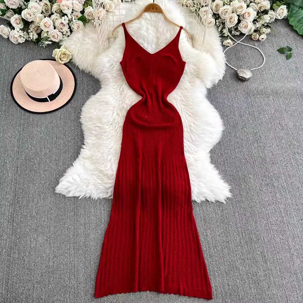 Patchwork YuooMuoo Elegant Chic Knitted Fashion Maxi Dress 2026 Spring Summer Women V-neck Spaghetti Straps Party Dress Vestidos H260707