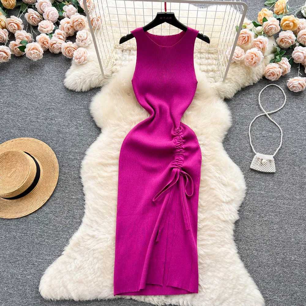 Dress YuooMuoo Fashion Knitted Summer Bodycon Sexy Package Hips Drawstring Split Black Women Dress Basic Lady Party Vestidos H260707
