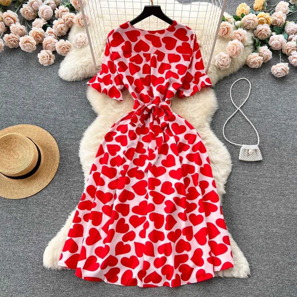 Print YuooMuoo Chic Romantic Women Heart Dress 2026 New Summer Elegant Slim Waist Big Swing Long Dress Korean Lady Party Vestido H260707