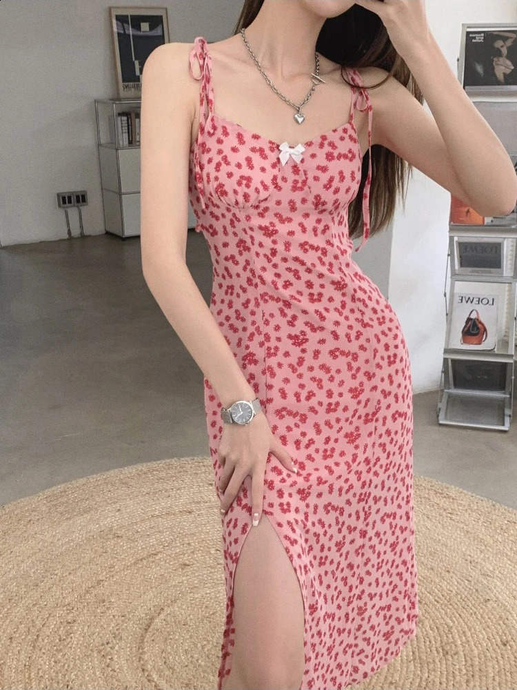 2026 Spring Summer French Style Romantic Chiffon Sling Women Dresses Floral Print Waist Cinched Slim MidCalf Vacation Dress 260707