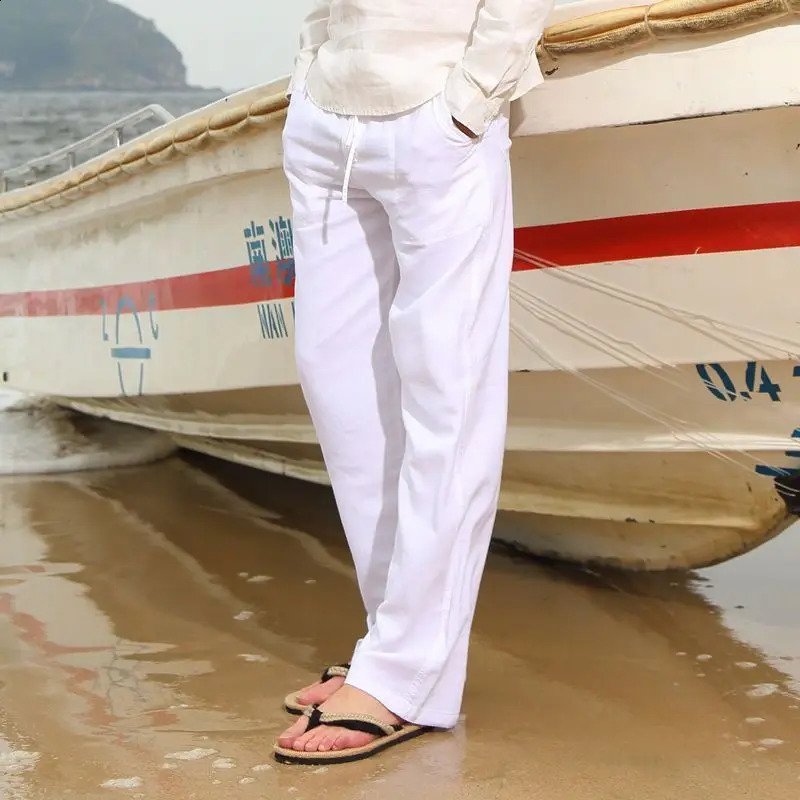 Mens Pants Summer Breathable White Casual Trousers Loose Straight Leg Cropped Linen 260707