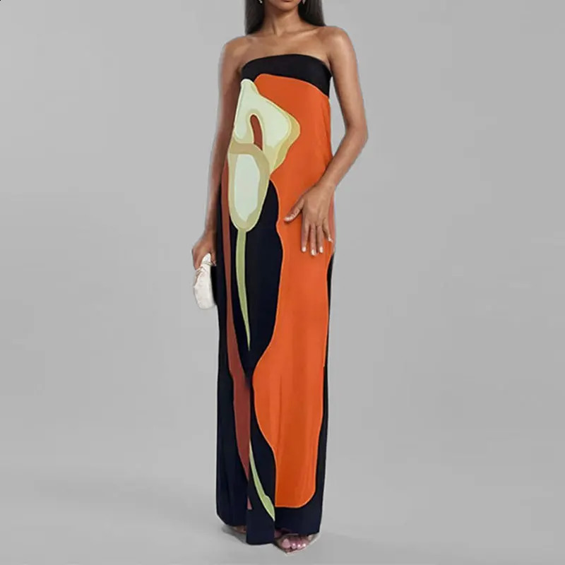 2024 Summer Women Strapless Backless Flower Printed Long Dress Sleeveless Off Shoulder Vestidos Plus Size S3XL Streetwear 260707