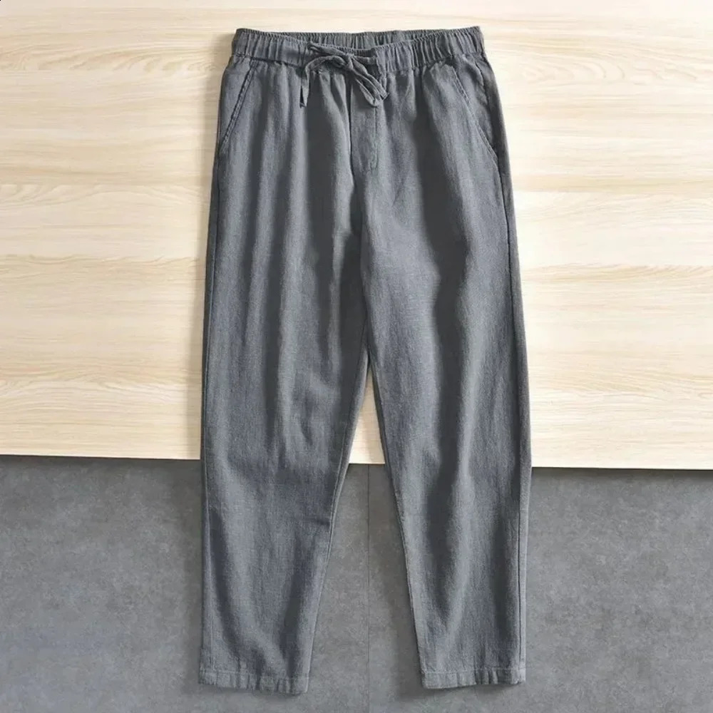 2026 Summer Mens Fashion Cotton Linen Casual Pants Loose Street Jogging Sports Drawstring Pocket Solid Color Straight Leg 260707