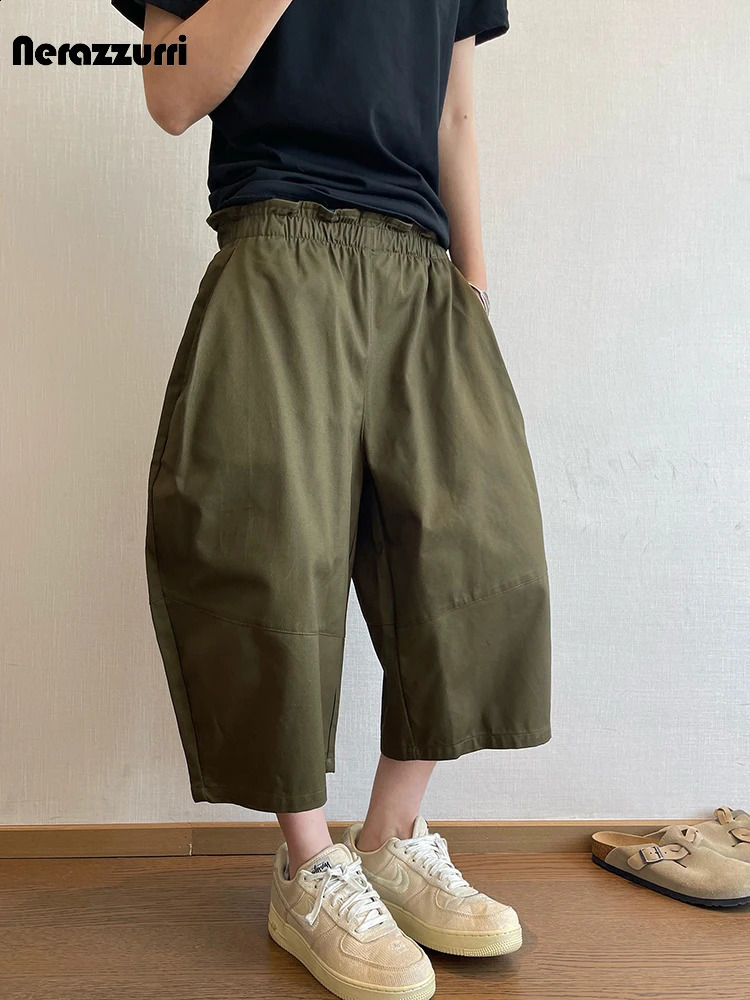 Nerazzurri Spring Summer Baggy Wide Leg CalfLength Curved Blade Pants for Men Elastic Waist Loose Casual Menswear Clothing 2026 260707