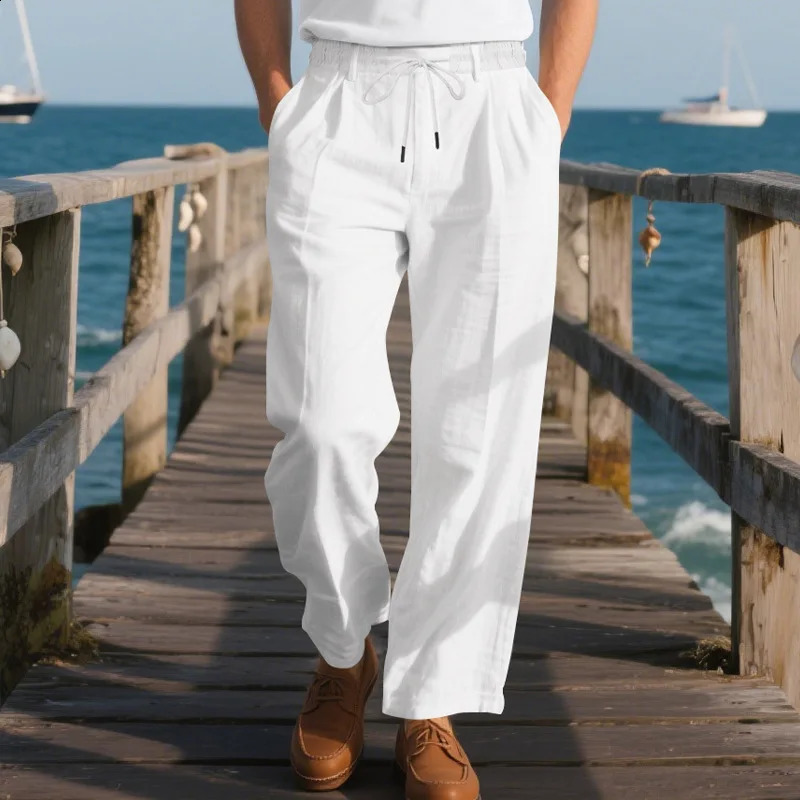 Summer Mens Breathable Solid Color Cotton and Linen Drawstring Casual Trousers Italian Style 260707