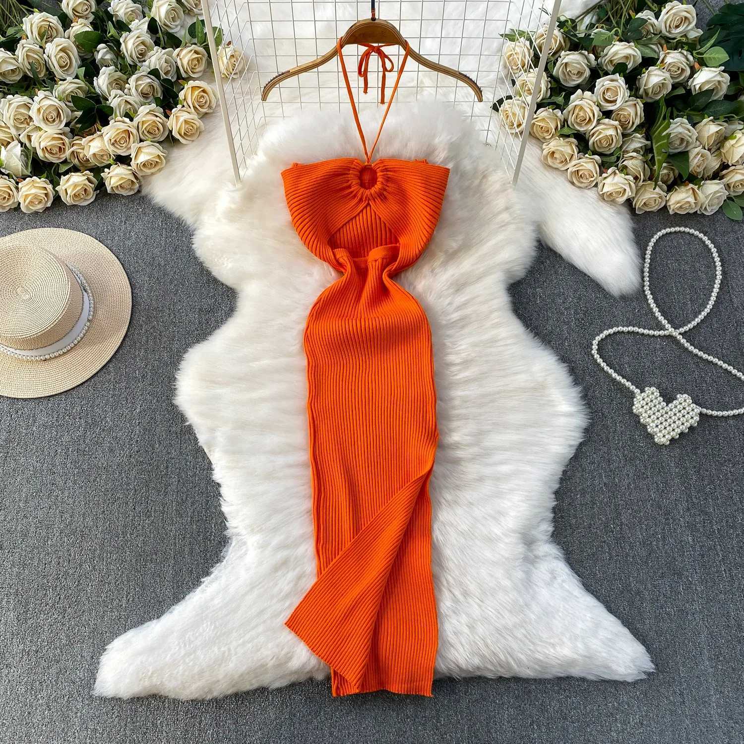 Sexy Hips YuooMuoo Wrap Vacation Style Split Knitted Summer Dress 2026 New Y2K Halter Skinny Long Bodycon Party Dress Beach Robe H260707