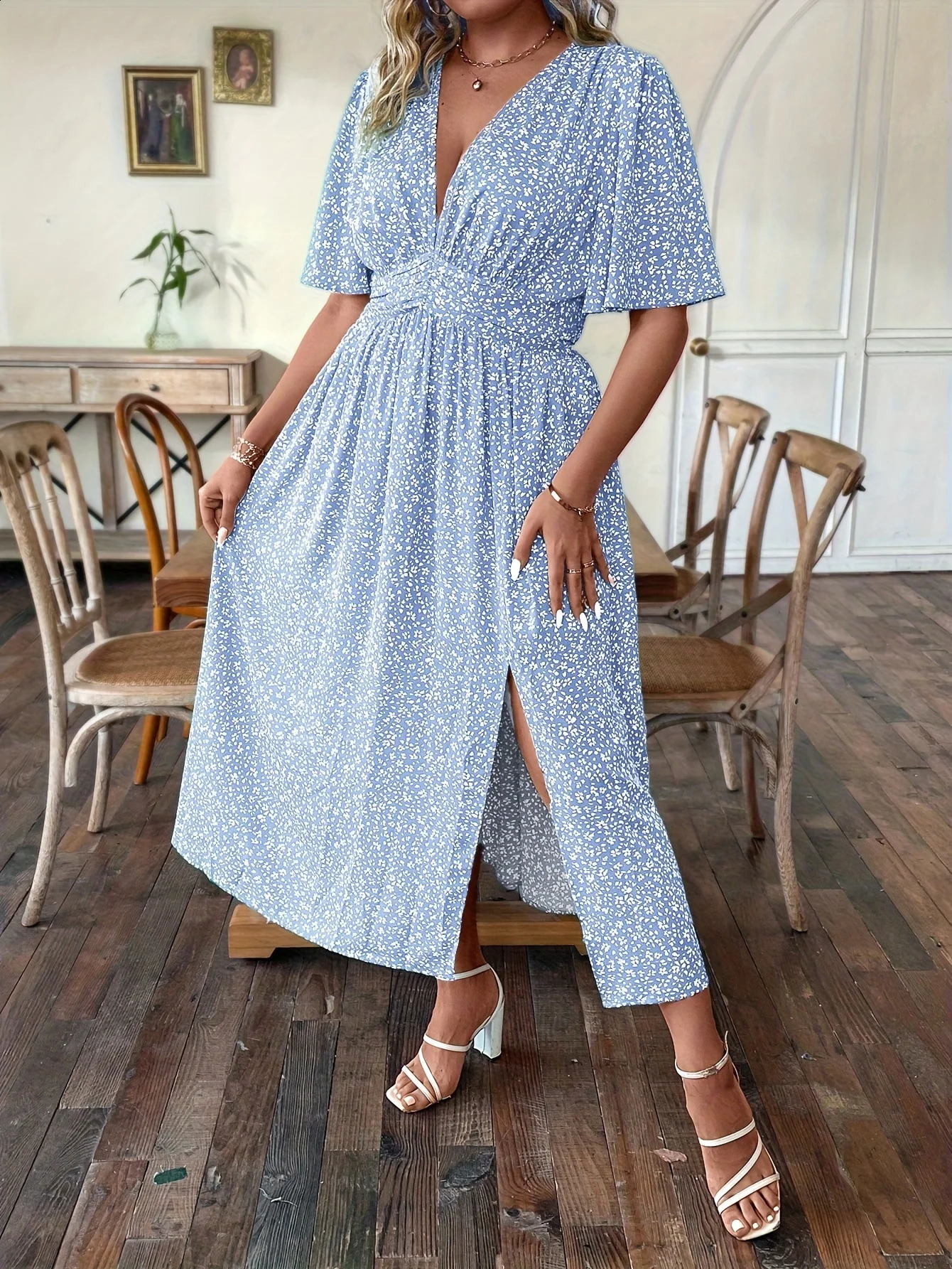 Summer Large Size Womens Romantic Floral VNeck Short Sleeve WaistCinched ALine Holiday Dress 260707
