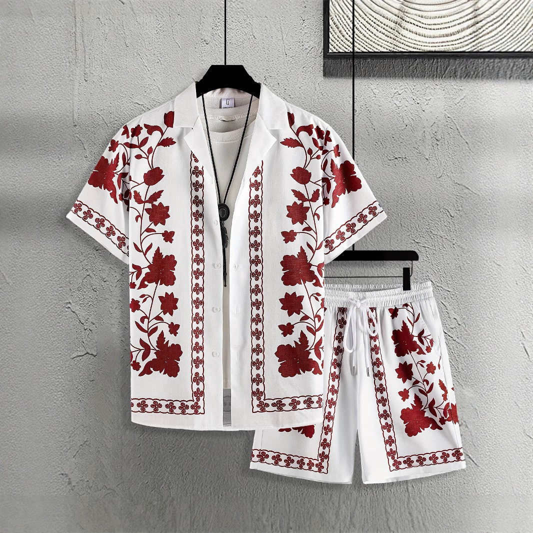 Designer foreign trade summer men's new printed casual loose suit short-sleeve shirt and shorts set - view 5