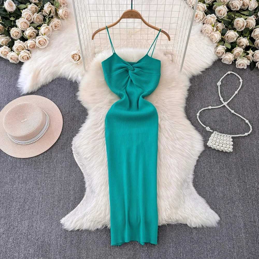 Chic Fashion 2026 Summer Spaghetti YuooMuoo Straps Midi Dress Women V-neck Slim Knitted Bodycon Dress Streetwear Lady Outfits H260707