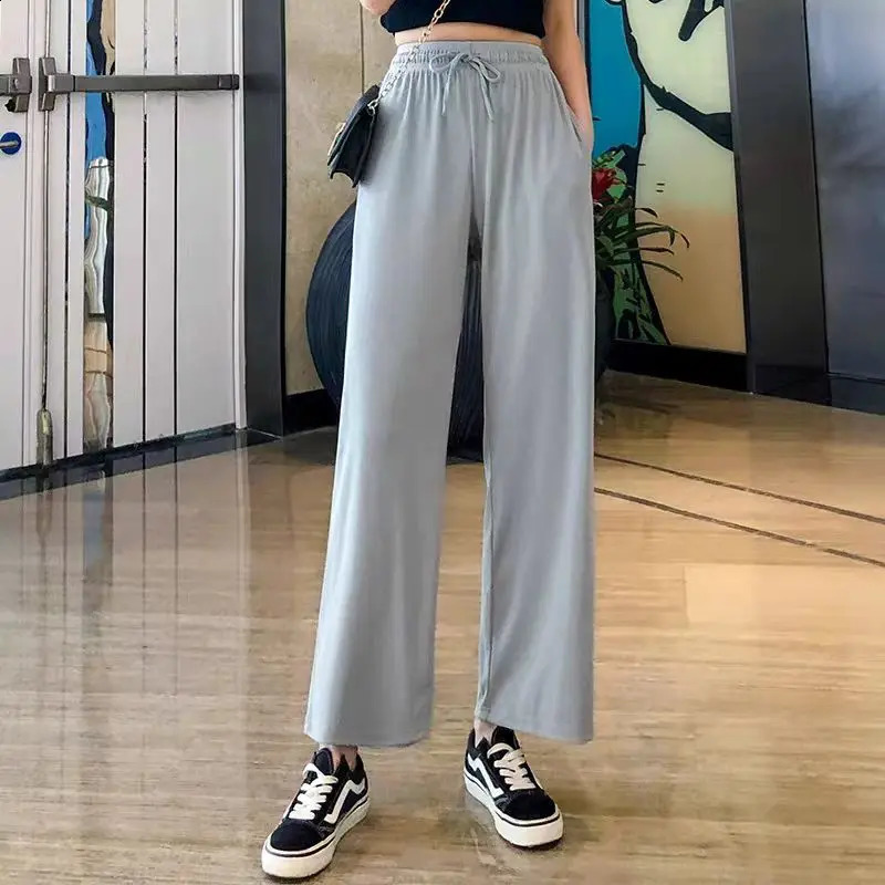 2024 Women AnkleLength Wide Leg Pants Casual Summer Solid Elastic Waist Loose Ice Silk Spring Female Trousers 260707