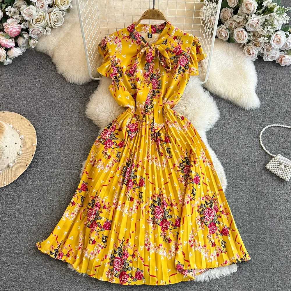 Summer Dress 2024 New YuooMuoo Women Y2K Bow Neck Short Shirt Dress Chic Fashion Floral Pleated Dress Streetwear Outfits Vestido H260707