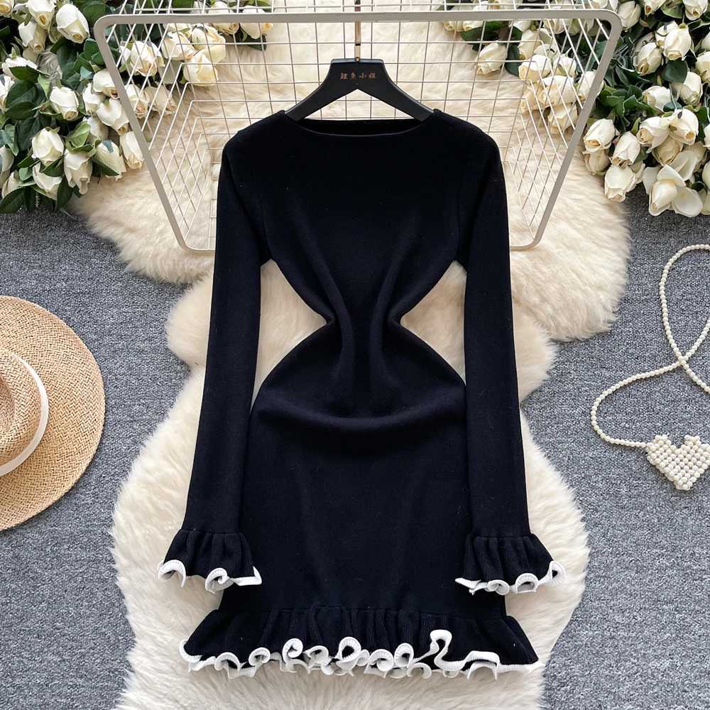 Aesthetic Dress 2025 Autumn YuooMuoo Women Ruffled Knitted Mini Dress Lady Slim Elastic Bodycon Party Dress Streetwear Vestidos H260707