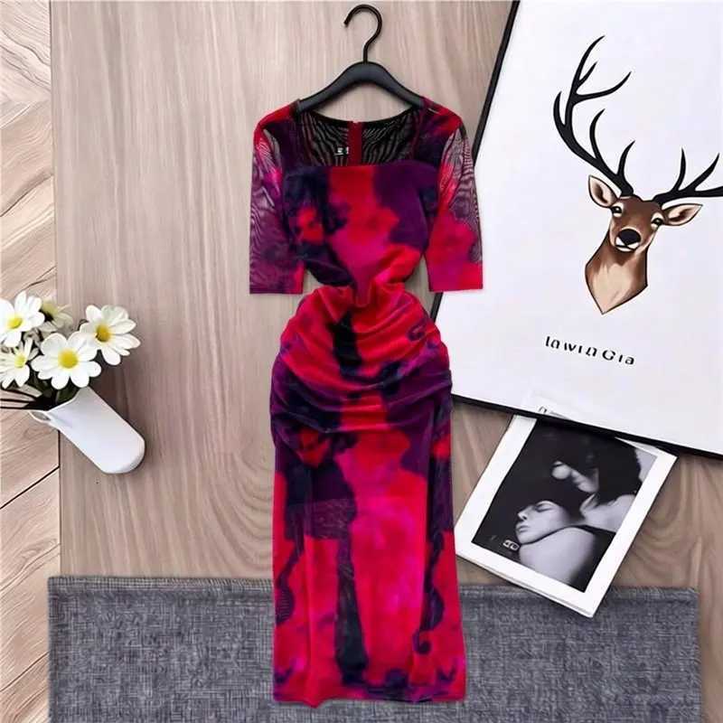 Printed YuooMuoo Ins Hot Mesh Women Party Dress Summer Two Layers Short Sleeve Bodycon Midi Dress Streetwear Lady Outfits Robes H260707