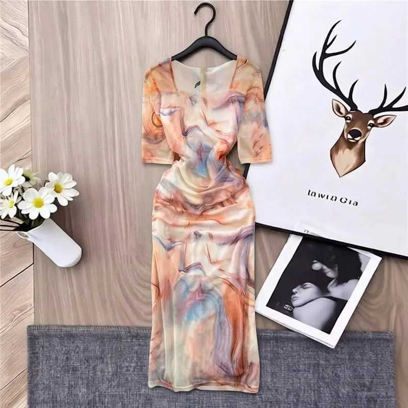 Printed YuooMuoo Ins Hot Mesh Women Party Dress Summer Two Layers Short Sleeve Bodycon Midi Dress Streetwear Lady Outfits Robes H260707