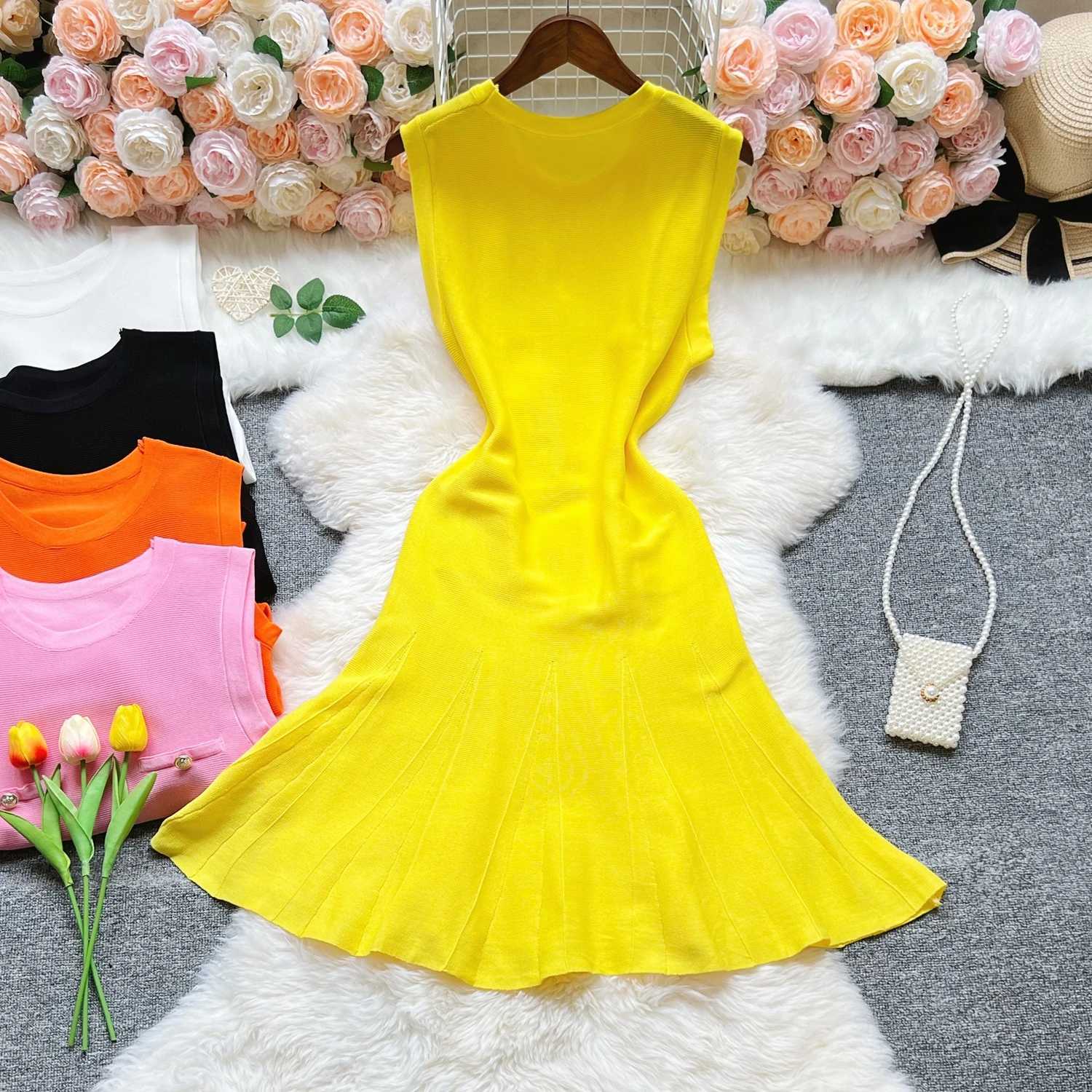 A-line Women YuooMuoo Short Chic Fashion Dress Elegant Y2K Pleated Knitted Summer Dress Lady Slim Waist Party Vestidos Outfits H260707