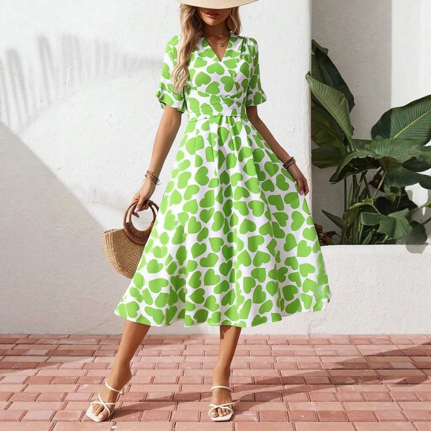 Print YuooMuoo Chic Romantic Women Heart Dress 2026 New Summer Elegant Slim Waist Big Swing Long Dress Korean Lady Party Vestido H260707