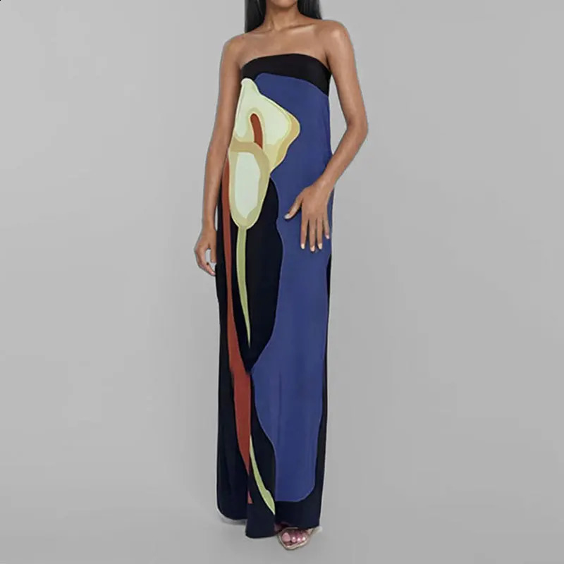 2024 Summer Women Strapless Backless Flower Printed Long Dress Sleeveless Off Shoulder Vestidos Plus Size S3XL Streetwear 260707