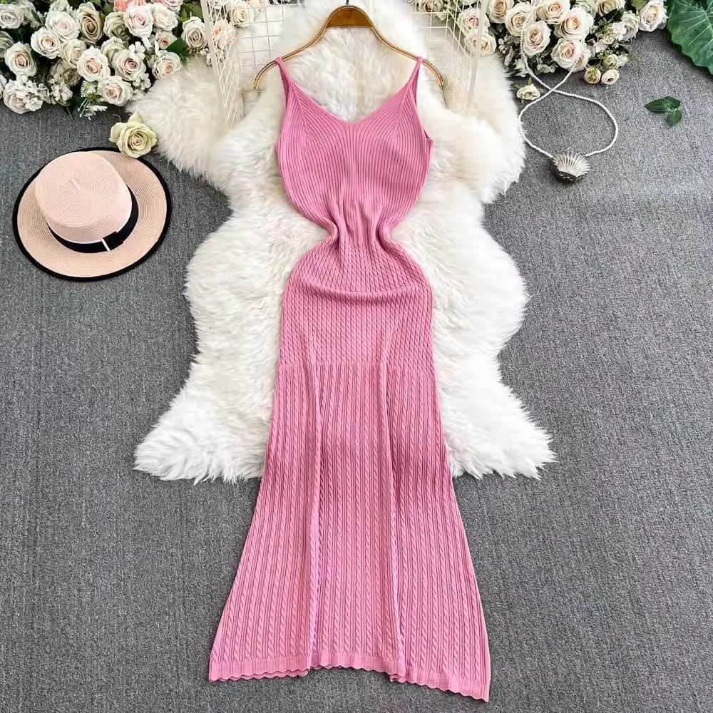 Patchwork YuooMuoo Elegant Chic Knitted Fashion Maxi Dress 2026 Spring Summer Women V-neck Spaghetti Straps Party Dress Vestidos H260707