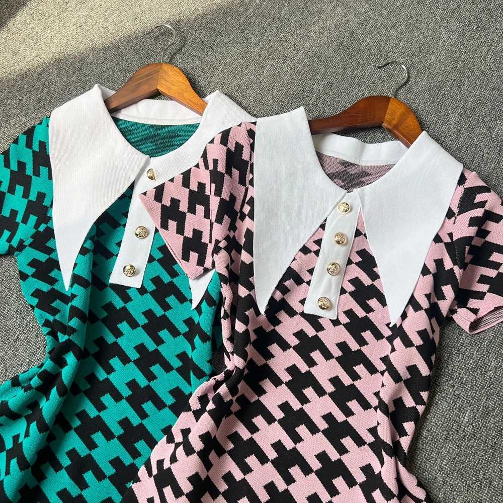 Y2K New Summer YuooMuoo Vintage 2026 Turn-down Collar Knitted Short Dress Chic Fashion Houndstooth Women Bodycon Party Dress H260707