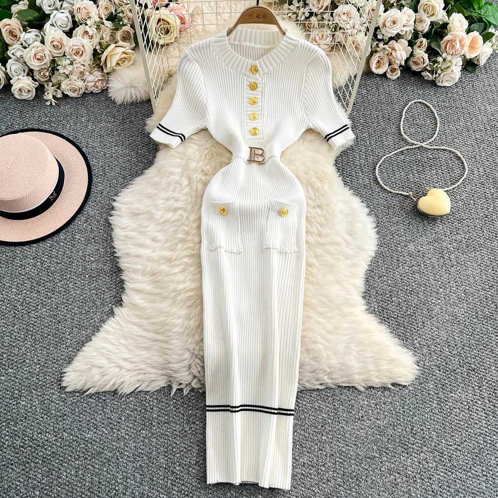 Dress YuooMuoo Brand Fashion 2025 Women Summer Belted Bodycon Long Sweater Dress Elegant Office Lady Pencil Dress Party Vestidos H260707