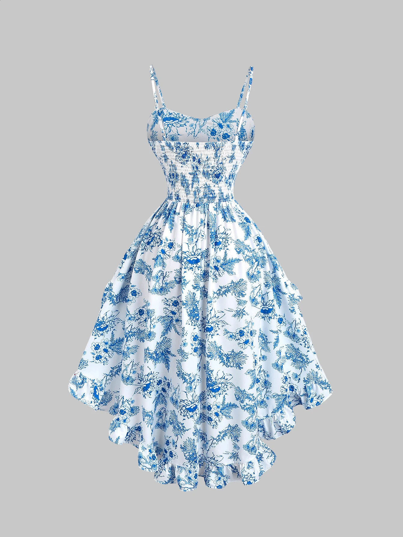 Blue and white floral printed spaghetti strap sweetheart neck high waisted puffy dress 260707