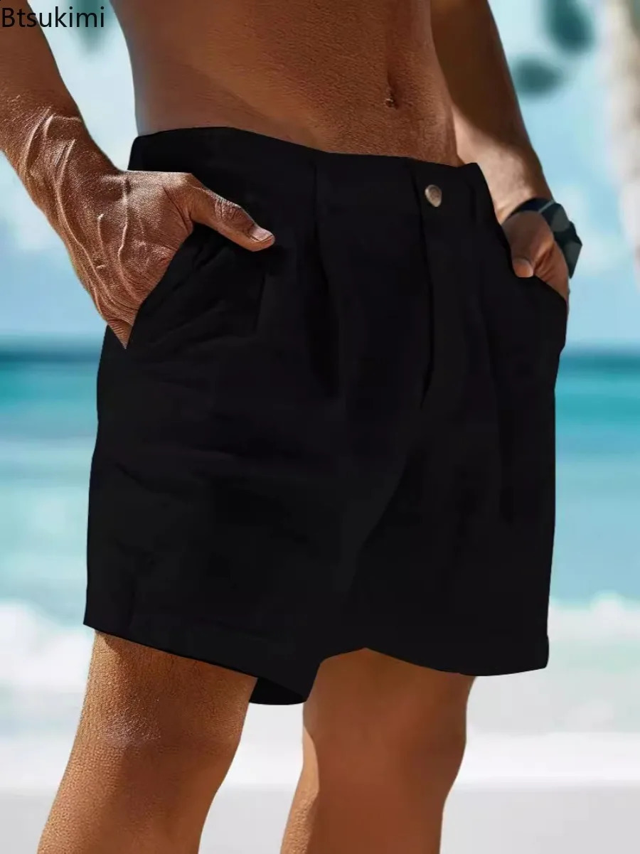 2026 Summer Cotton Linen Shorts for Men Solid Casual Button Pocket Beach Shorts Mens Comfortable Simple Vacation Leiture Pants 260707CJ - view 3