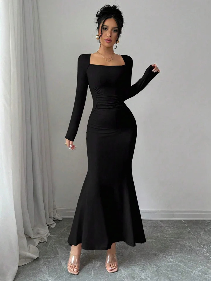 Womens Four Seasons Style Womens Elegant Temperament Retro Solid Color Square Collar Long Sleeve Dress 260707 - view 5