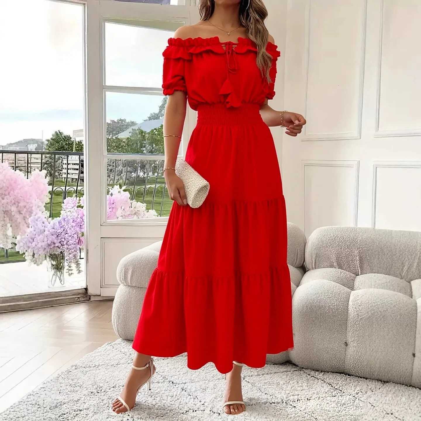 Summer YuooMuoo Women New Dress 2026 Fashion Elastic Waist Solid Long Dress Vacation Style Lady Beach Vestidos Sundress H260707