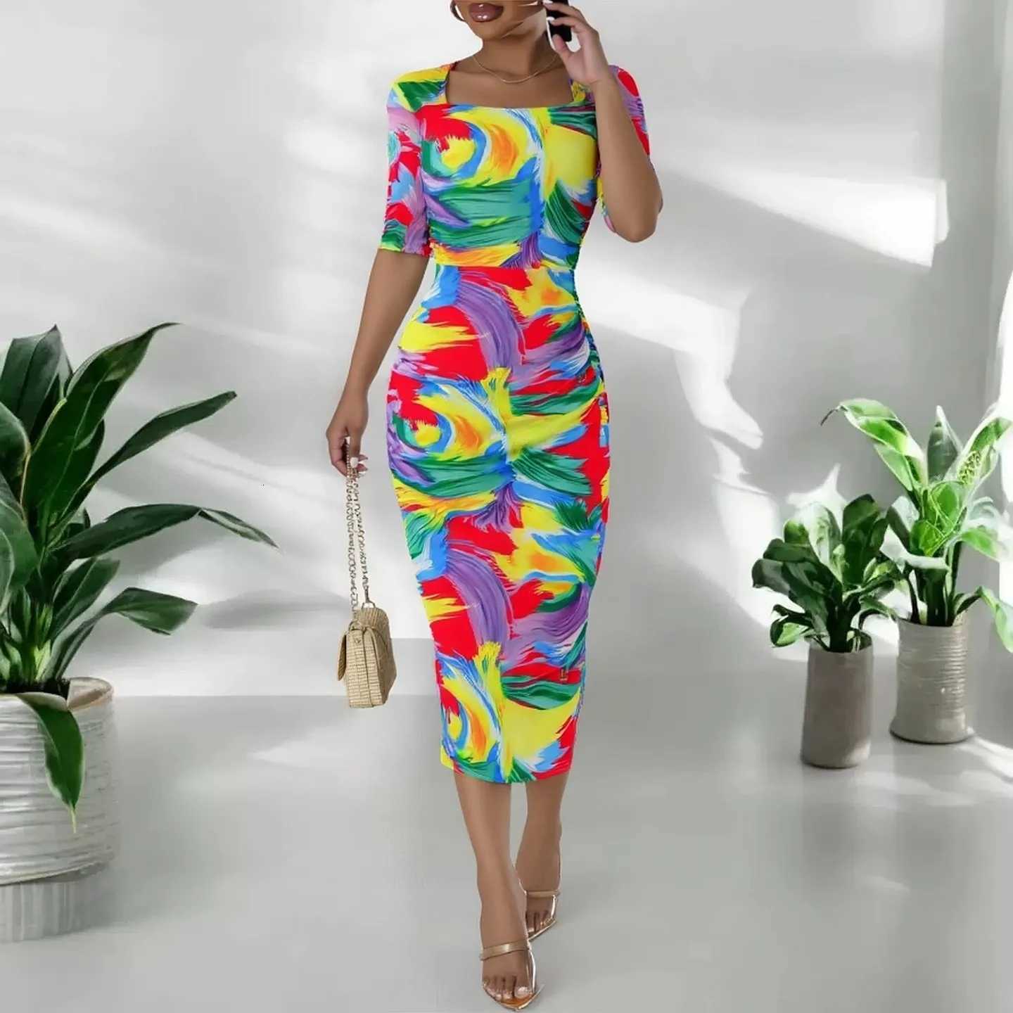 Printed YuooMuoo Ins Hot Mesh Women Party Dress Summer Two Layers Short Sleeve Bodycon Midi Dress Streetwear Lady Outfits Robes H260707