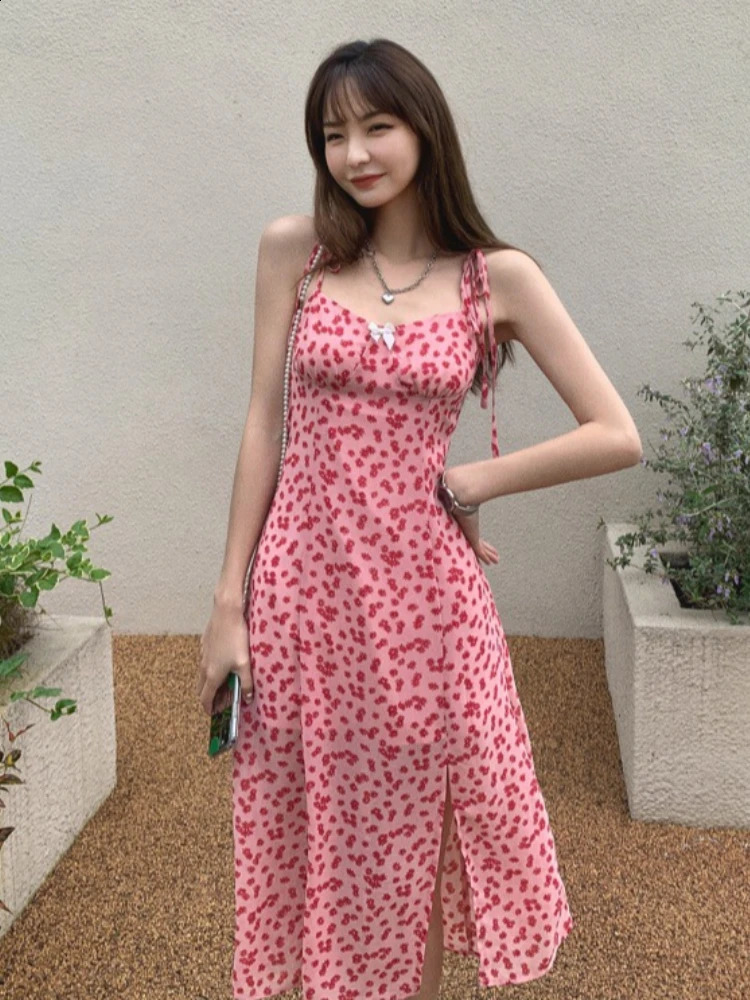 2026 Spring Summer French Style Romantic Chiffon Sling Women Dresses Floral Print Waist Cinched Slim MidCalf Vacation Dress 260707