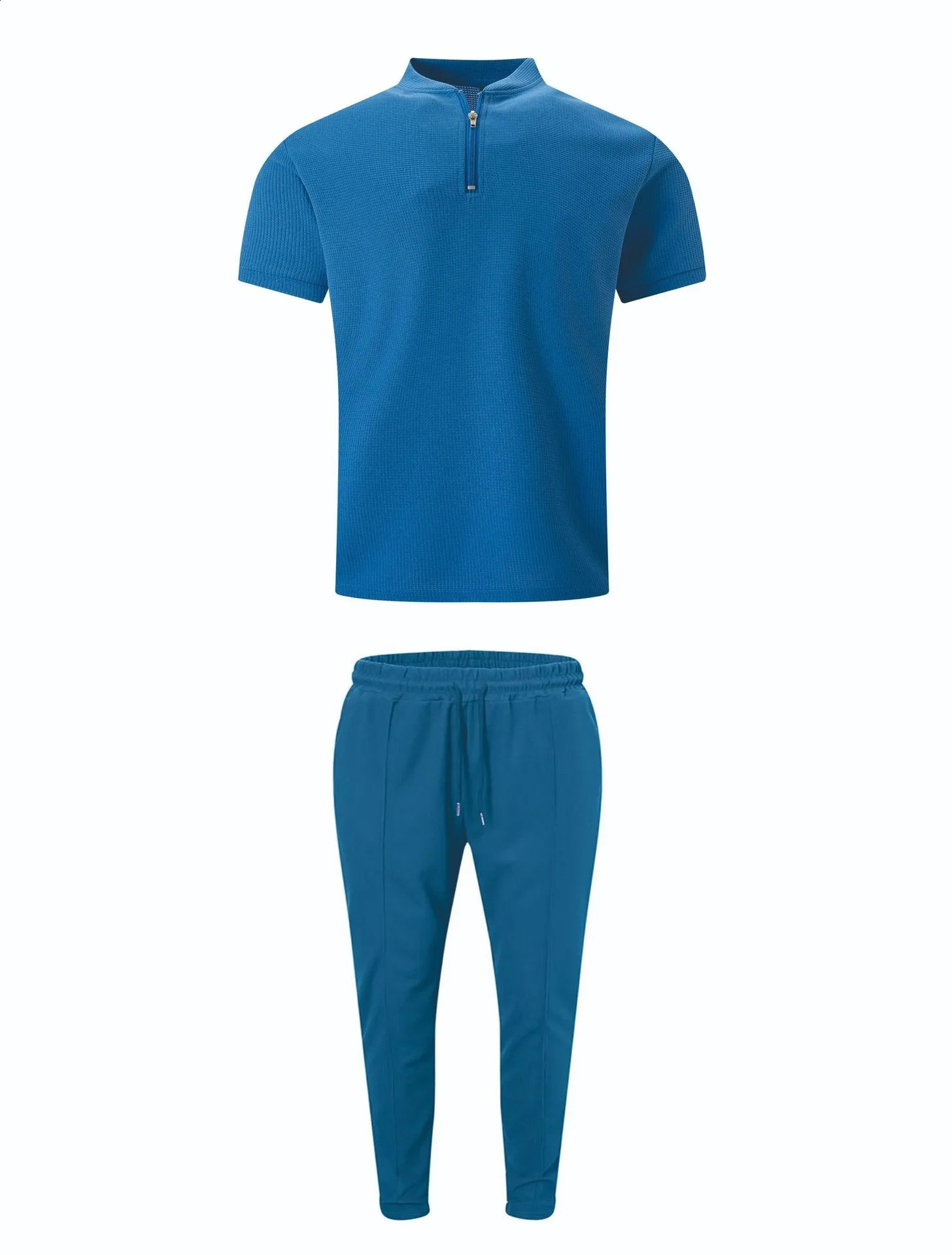 mens suit summer casual short-sleeved stand collar Waffle Polo shirt T-shirt trousers two sets 260707