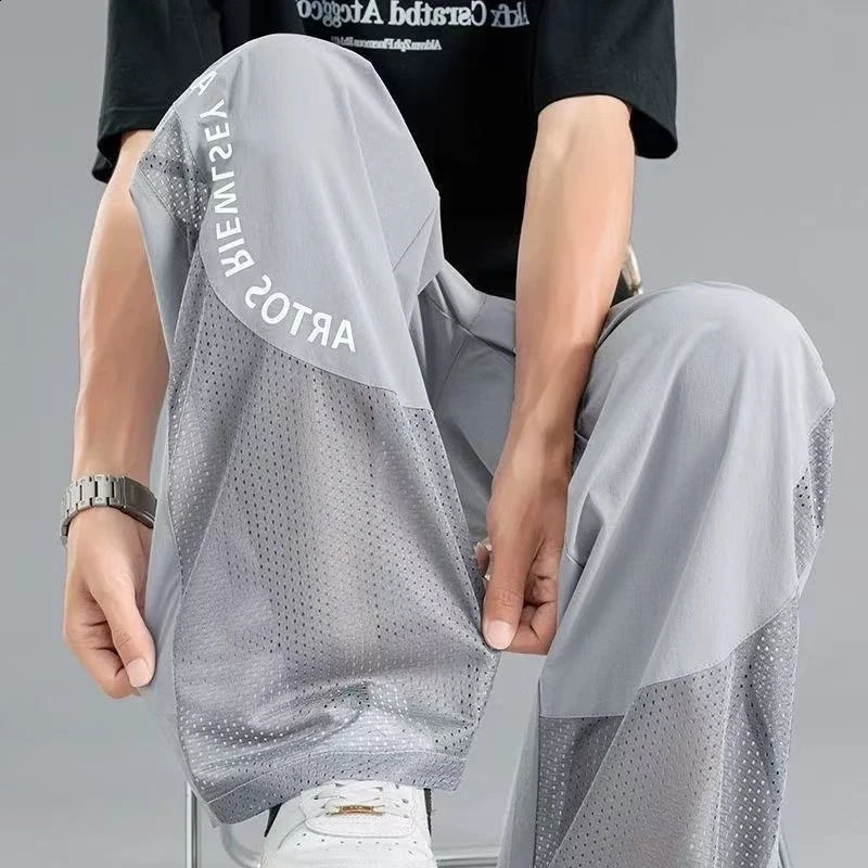 Mens Ice Silk Pants Summer Thin Mesh Breathable Sports Loose Casual Long Cool Touch Mosquito Proof 260707