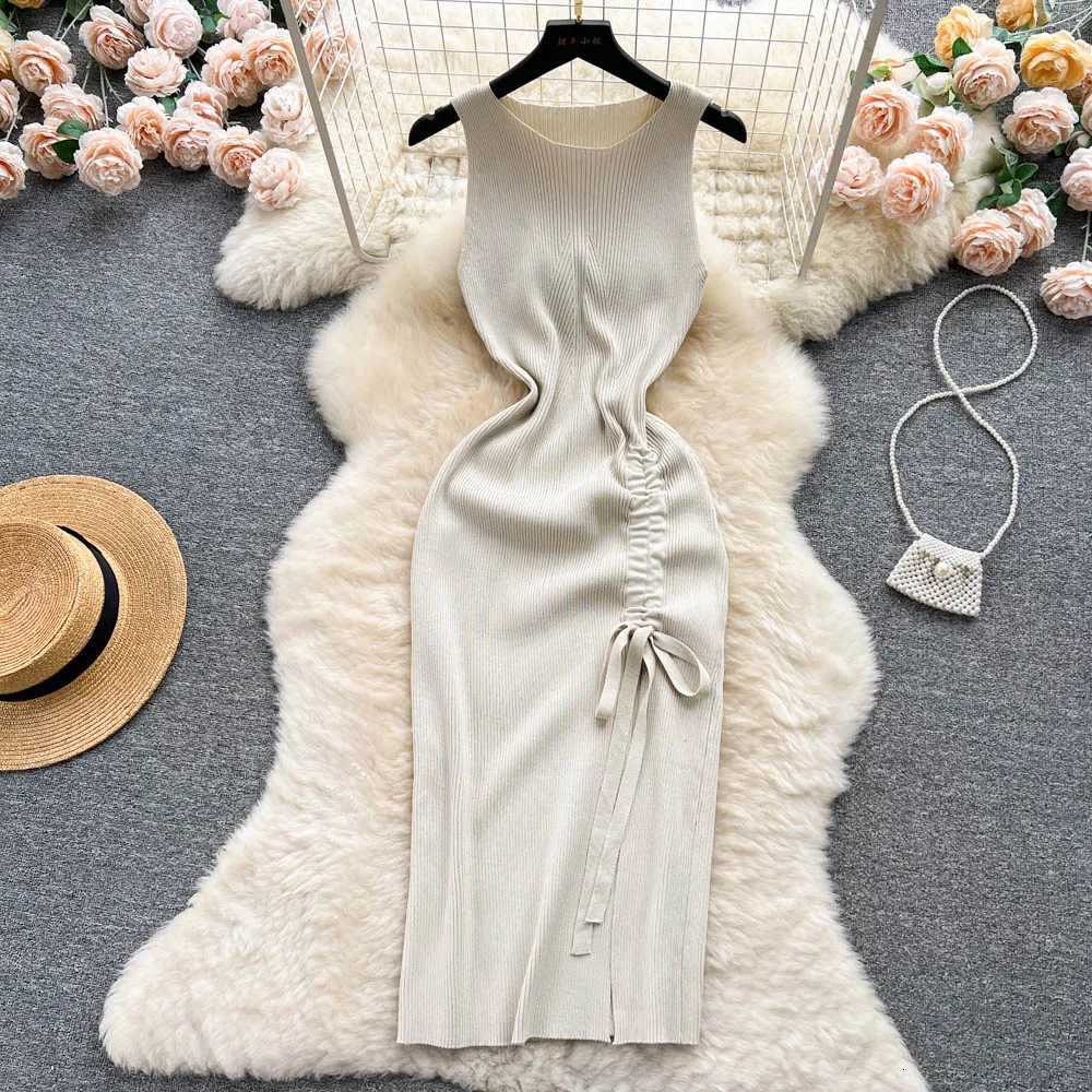 Dress YuooMuoo Fashion Knitted Summer Bodycon Sexy Package Hips Drawstring Split Black Women Dress Basic Lady Party Vestidos H260707
