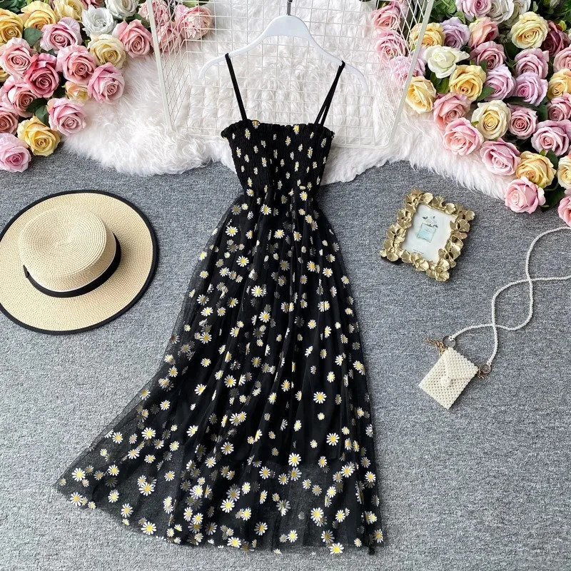 Women daisy Print Dresses Summer Sexy Lace Mesh Dress Spaghetti Strap Woman Party Night Korean Kawaii Vestidos Floral 260707
