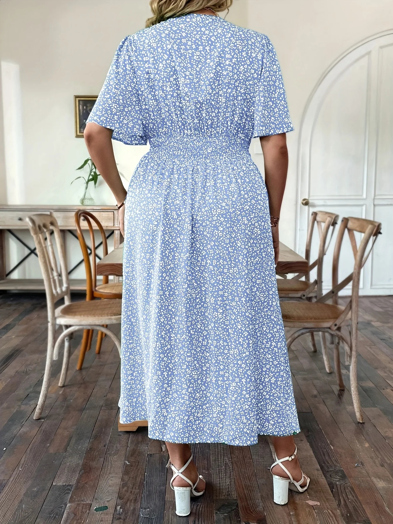 Summer Large Size Womens Romantic Floral VNeck Short Sleeve WaistCinched ALine Holiday Dress 260707