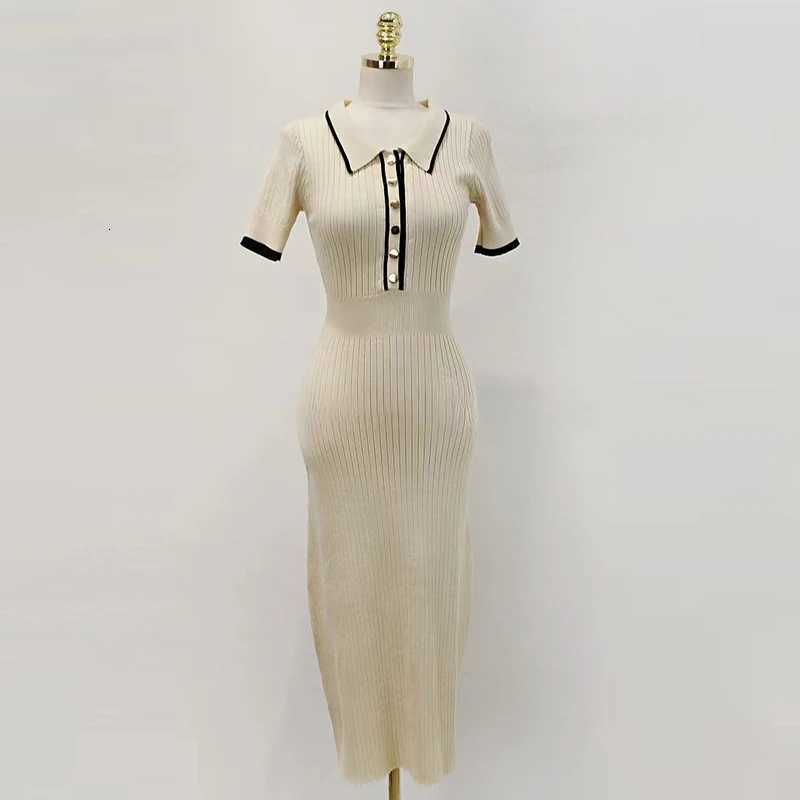 Sweater YuooMuoo Dress Brand Fashion Knit Women Spring Summer Ribbed Contrast Short Sleeve Lapel Gown Dress Ladies Long Dresses H260707