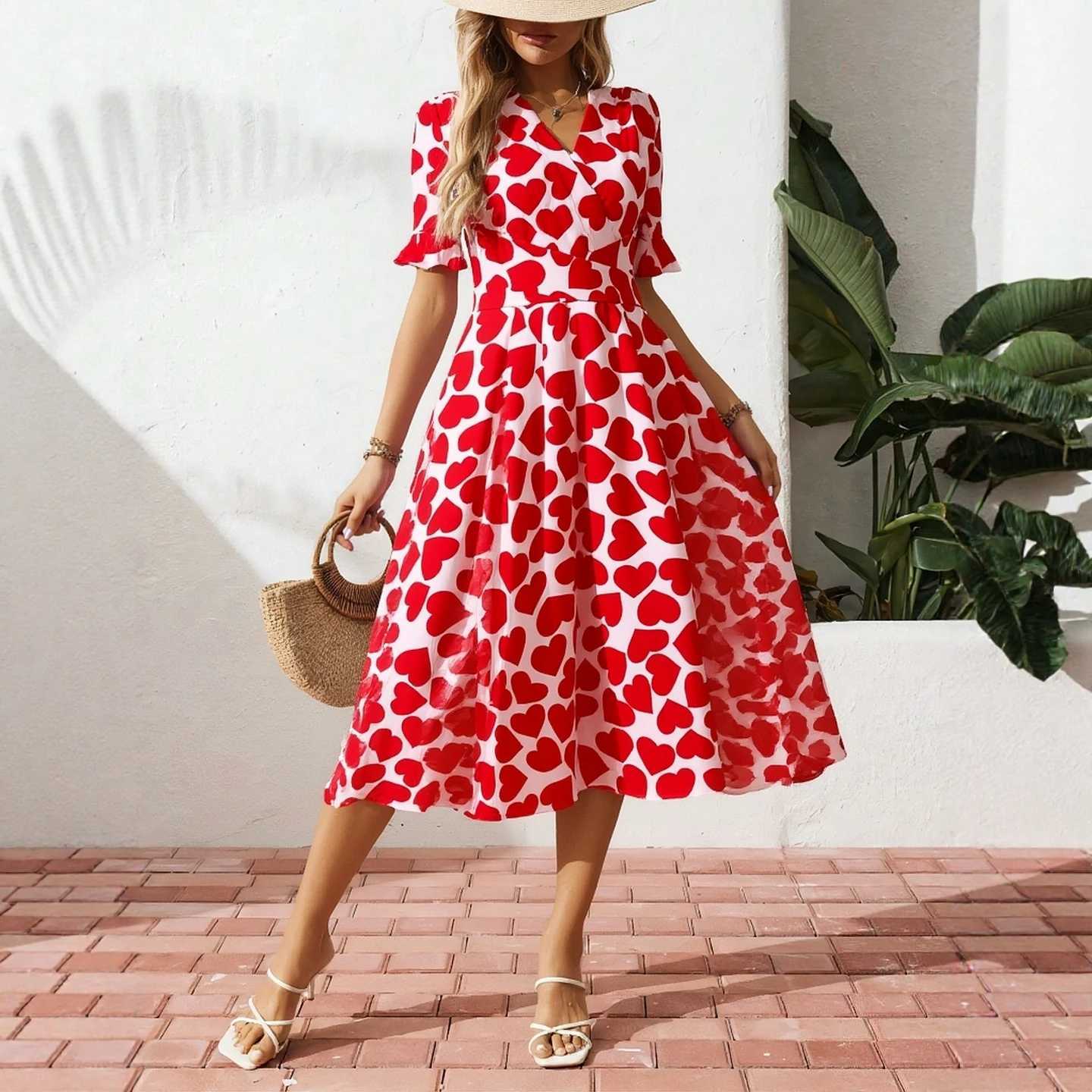Print YuooMuoo Chic Romantic Women Heart Dress 2026 New Summer Elegant Slim Waist Big Swing Long Dress Korean Lady Party Vestido H260707