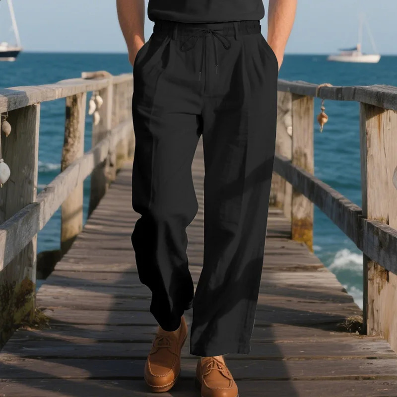 Summer Mens Breathable Solid Color Cotton and Linen Drawstring Casual Trousers Italian Style 260707