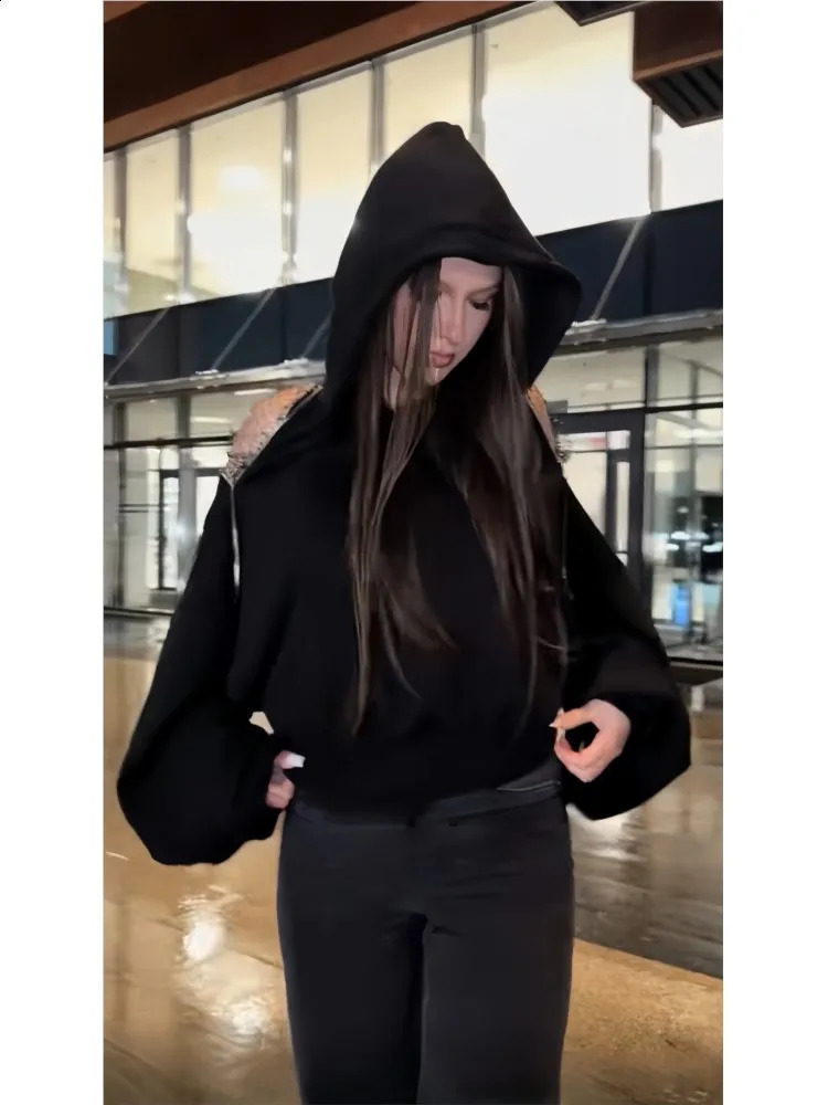 Sexy Perspective Backless Hoodie Womans Spring Autumn Fashion Lace Patchwork Solid Color Loose Pullover Sweatshirt For Ladies 260707 - view 6