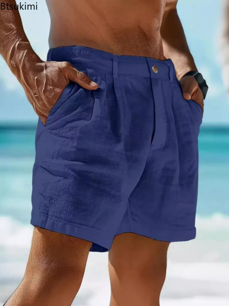 2026 Summer Cotton Linen Shorts for Men Solid Casual Button Pocket Beach Shorts Mens Comfortable Simple Vacation Leiture Pants 260707CJ - view 5